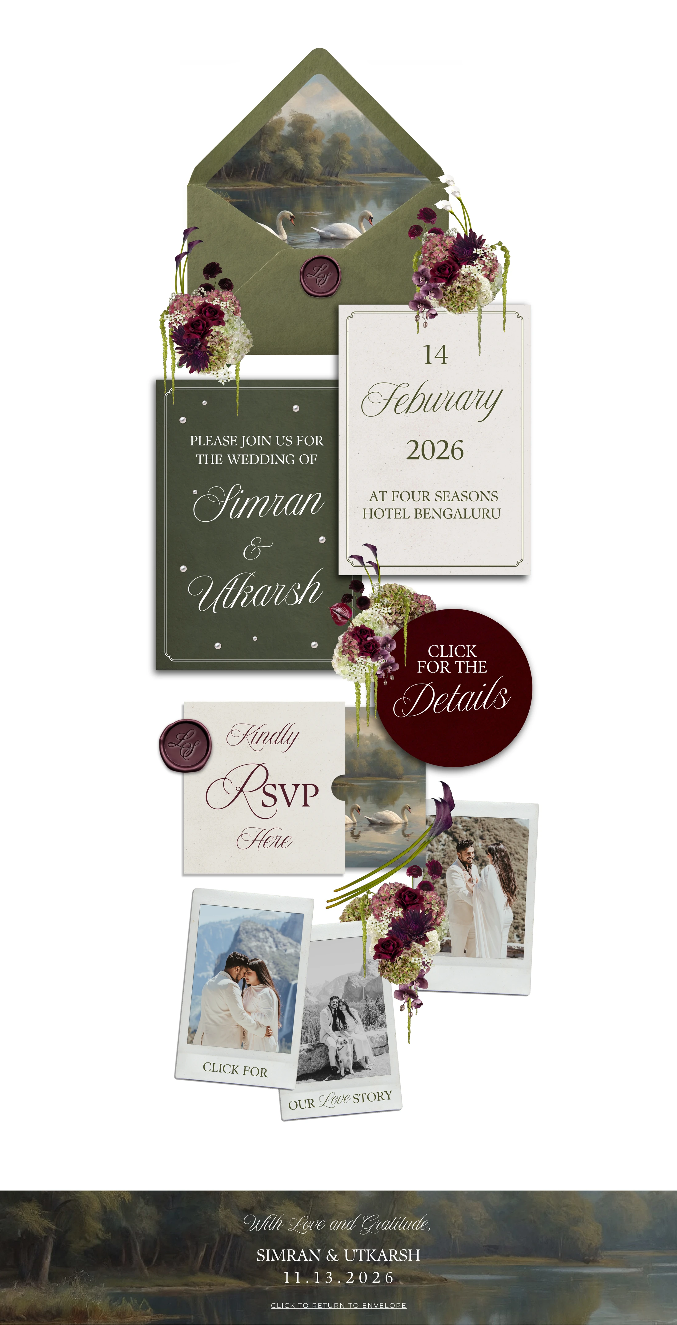 Wedding invitation for Simran and Utkarsh in burgundy and olive with flowers, swans and photographs